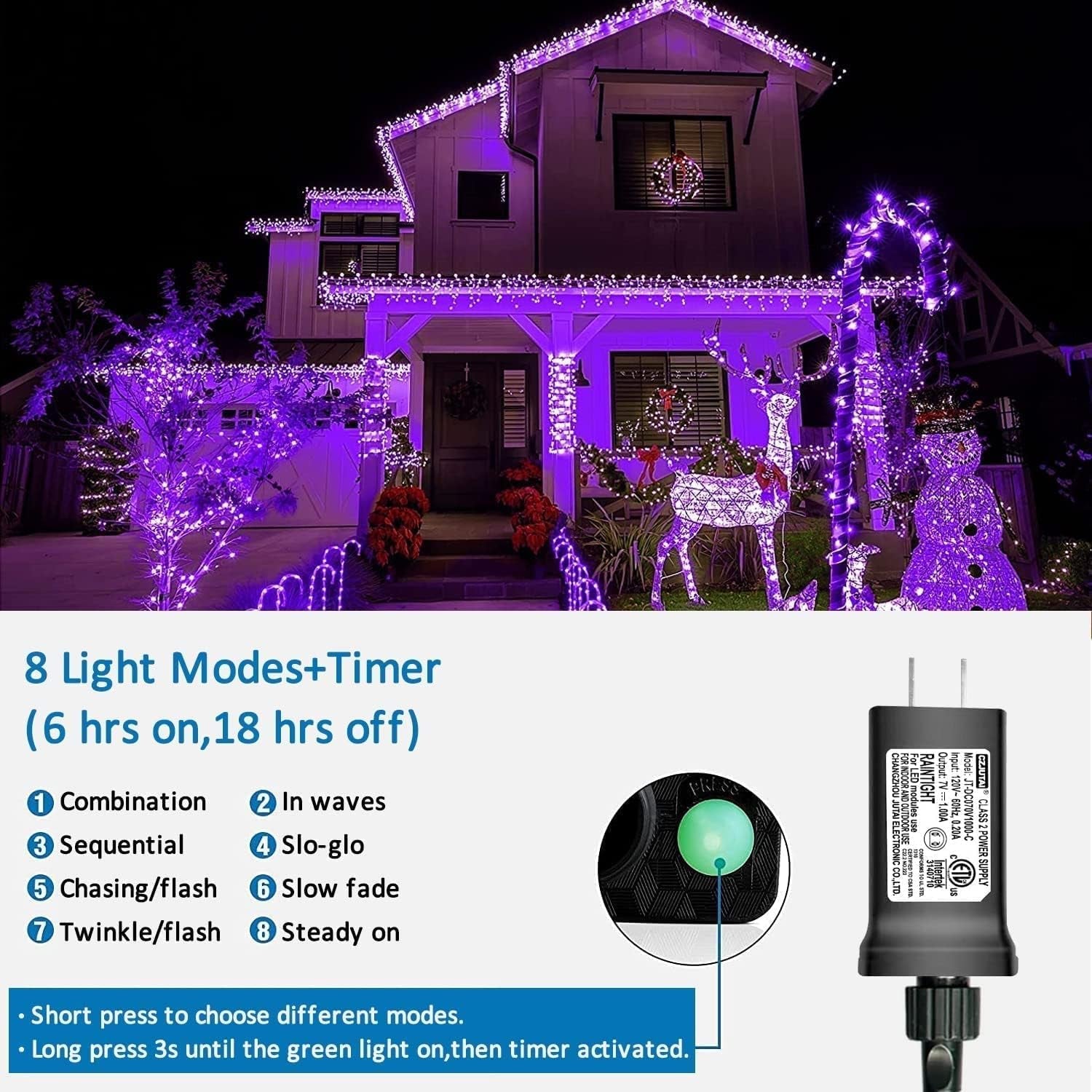 Purple Christmas Lights, 200 LED String Lights Outdoor Waterproof, Christmas Lights Indoor, 8 Modes 66Ft Green Wire Twinkle Lights Plug in for Party Tree