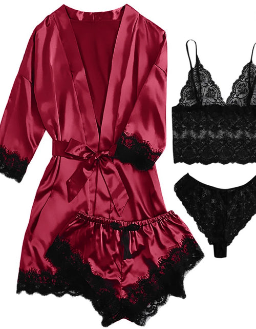 Load image into Gallery viewer, Sexy Lingerie,  Silk Satin Pajamas for Women, Womens Summer Pajamas Pjs Sets of 4 Pcs with Floral Lace Top Shorts and Robe, Gift for Women, Black, M
